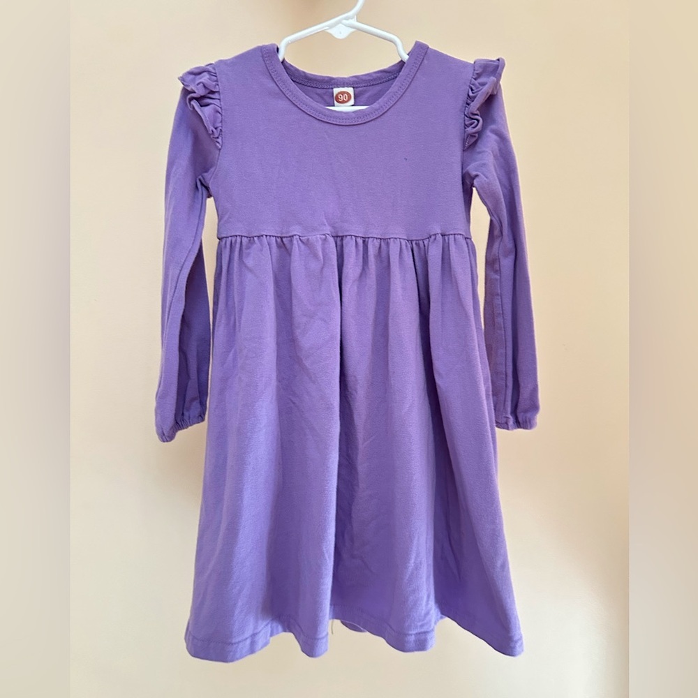 Purple Ruffle Sleeve Toddler Dress | Girl Size 90 (2-3T) | Solid Purple Dress